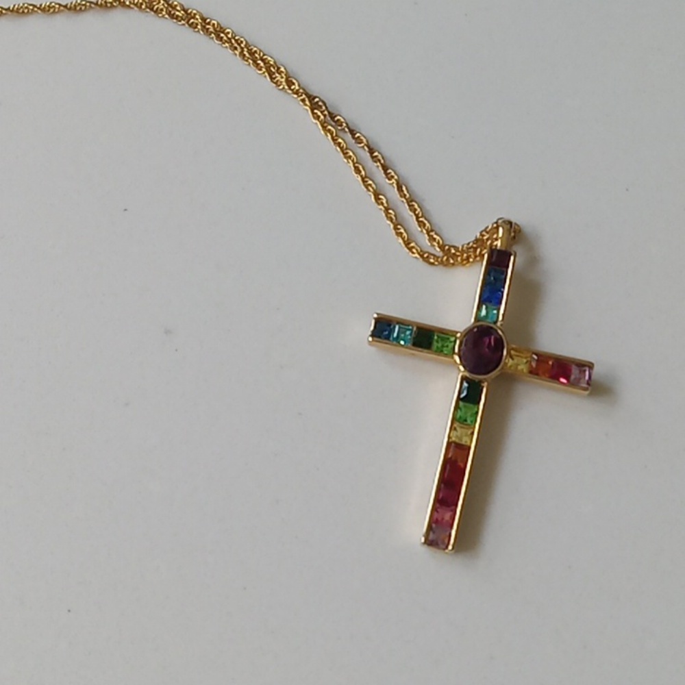 Gold Rhinestone Cross Necklace - Picture 2 of 7